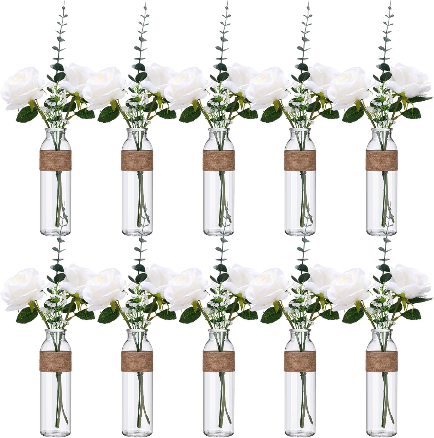 10 Set Clear Glass Vase with Flowers Centerpieces 10 Clear Glass Jars 40 Artificial Plant with Rope Table Centerpieces for Wedding Rustic Baby Shower Party Farmhouse Home Decoration