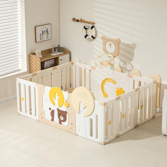 Indoor Baby Playpen with Adjustable Game Panel, Drawing Board, Basketball Hoop, and Safety Door Shape, Portable and Stable Indoor Children's Playground（70.9”*47.2“）