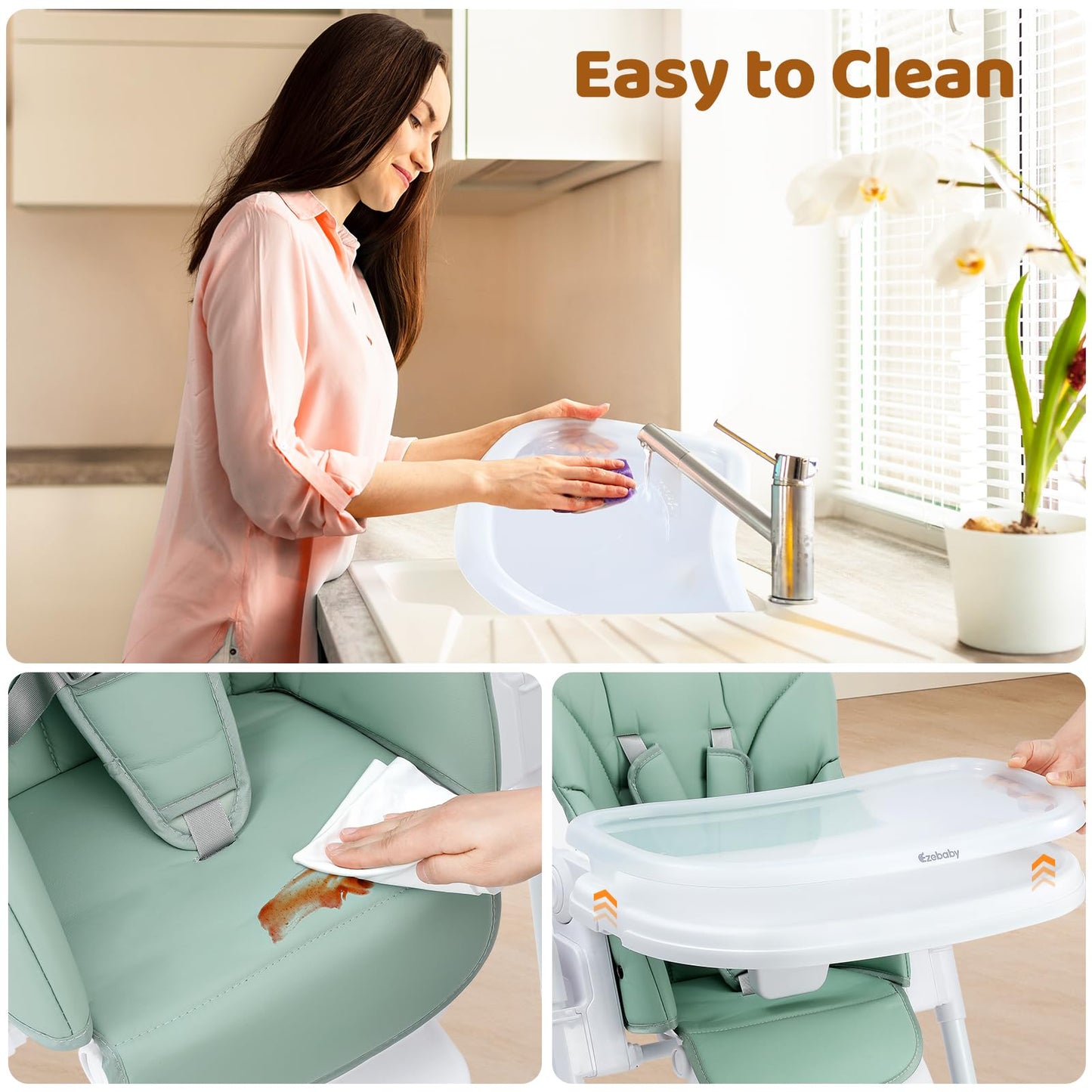 Ezebaby Foldable Baby High Chair – Portable High Chairs for Babies & Toddlers, Adjustable Height & Recline, 5-Point Harness, Removable Tray Baby Feeding Highchair