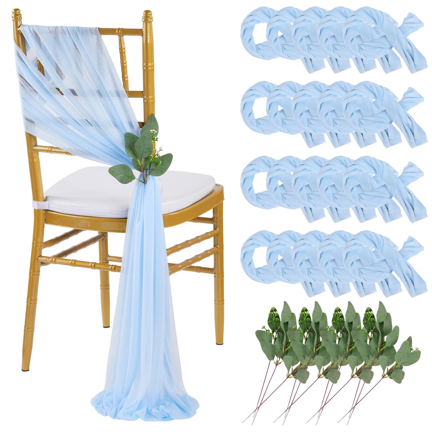 QueenDream Light Blue Sashes Chair Aisle Decorations: 24 Pack Baby Shower Chair Cover 8FT Long Tulle Draping Fabric Wedding Reception Church