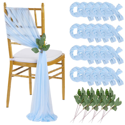 QueenDream Light Blue Sashes Chair Aisle Decorations: 24 Pack Baby Shower Chair Cover 8FT Long Tulle Draping Fabric Wedding Reception Church