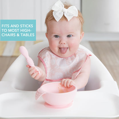 Bumkins Baby Bowls, Disney Minnie Mouse Silicone Baby Feeding Set, Suction Bowls for Baby and Toddler with Spoon, First Feeding Set, Platinum Silicone Bowl for Babies 4 Months