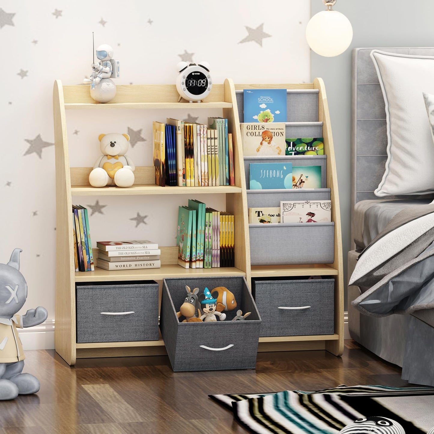 White Kids Bookshelf Wood Toy Storage Organizer Cabinet Children Bookcase Toddler Baby Sling Book Rack 3 Cube Bins Fabric Drawers for Playroom Bedroom Nursery School