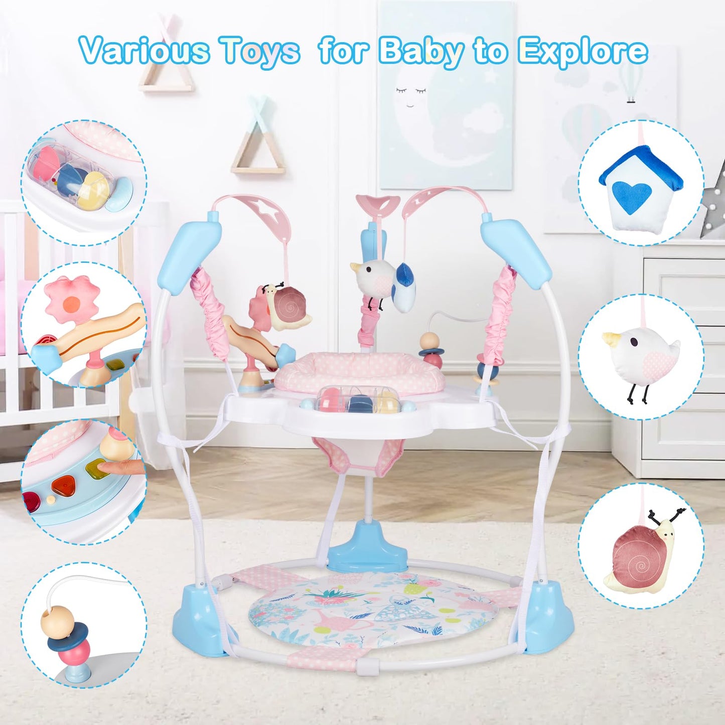 Baby Activity Center, Infant Jumpers and Bouncers with Music, Lights, Infant Toys, 360°Rotating Seat, 3 Adjustable Heights, Baby Play and Learning Center for 6+ Months