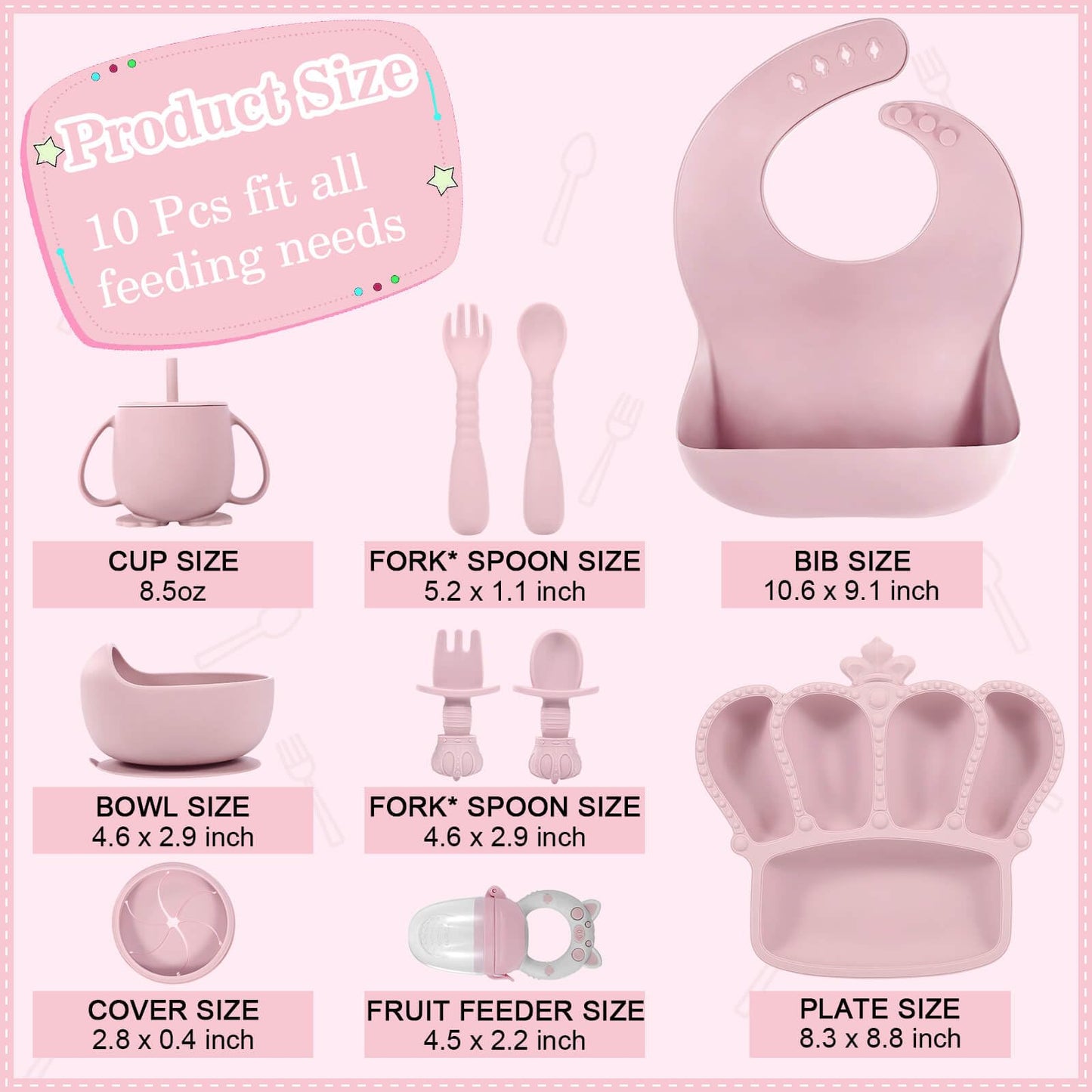 Silicone Baby Feeding Set 10 Pcs Baby Led Weaning Supplies Suction Bowl Divided Plate Baby Bibs Fruit Feeder Baby Spoons Forks Sippy Cup Toddler Utensil Sets Baby Essentials for Newborn Gift