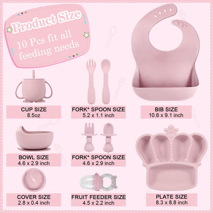Silicone Baby Feeding Set 10 Pcs Baby Led Weaning Supplies Suction Bowl Divided Plate Baby Bibs Fruit Feeder Baby Spoons Forks Sippy Cup Toddler Utensil Sets Baby Essentials for Newborn Gift