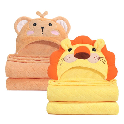 Hooded Baby Towels Boy for 0-6 Years, 50"x 32" Extra Large Toddler Bath Towels with Hood for Boys & Girls, 2-Pack Absorbent Thick Soft Gift for Kids Yellow Lion & Orange Monkey