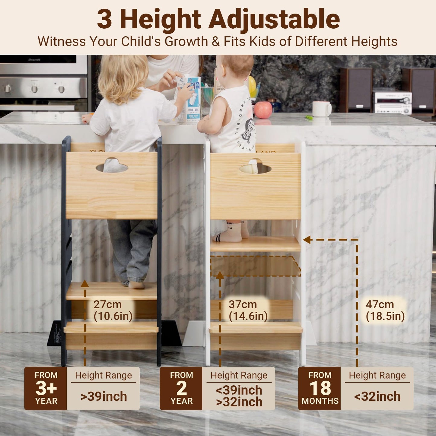 COSYLAND Toddler Standing Tower Adjustable Height - Super Stable Kids Kitchen Stool Helper - 3 Levels Adjustable Wooden Toddler Kitchen Stool (Natural & Navy Blue)