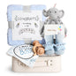 Baby Shower Gifts, Baby Boy Gift Basket Set Newborn Blanket Elephant Lovey Baby Security Blanket Wooden Rattle Toy, Funny Bibs Socks & Greeting Card, New Boys Baby Gift Essentials