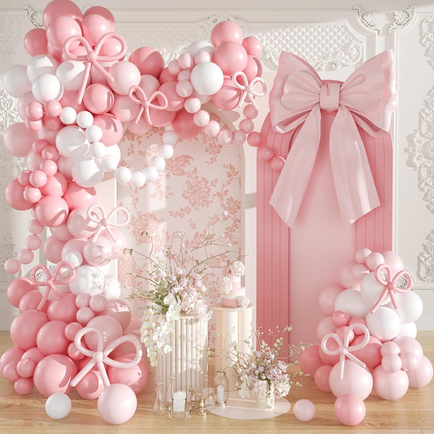 Pink Balloon Garland Arch Kit, Coquette Birthday Decorations 176Pcs Bow Long Balloons White and Pink Different Sizes for Wedding Bridal Baby Shower Bachelorette Party