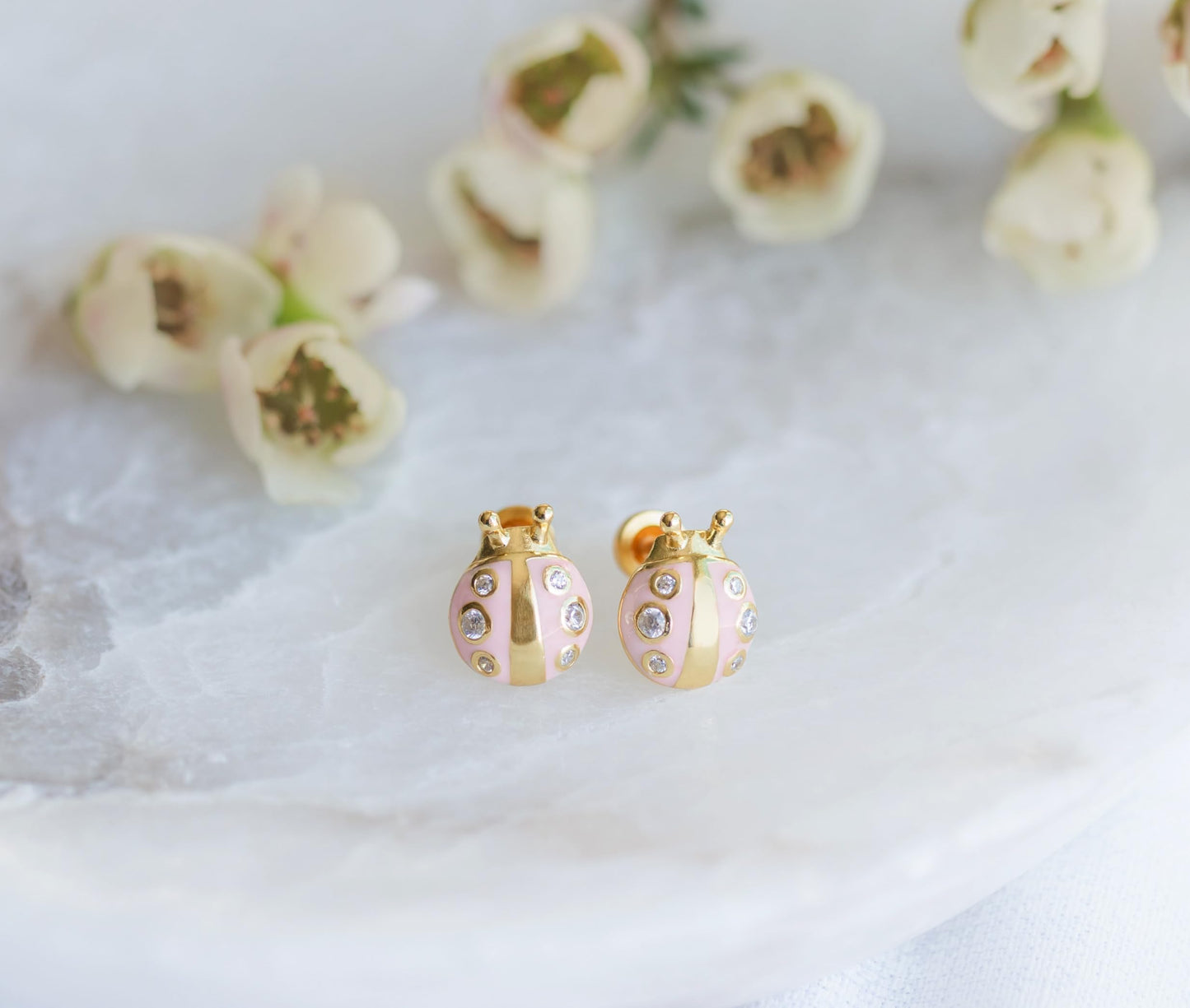 Cherished Moments Children's Sterling Silver or 14k Gold Plated Pink Ladybug Screw Back Earrings for Babies, Little Girls, Kids and Toddlers