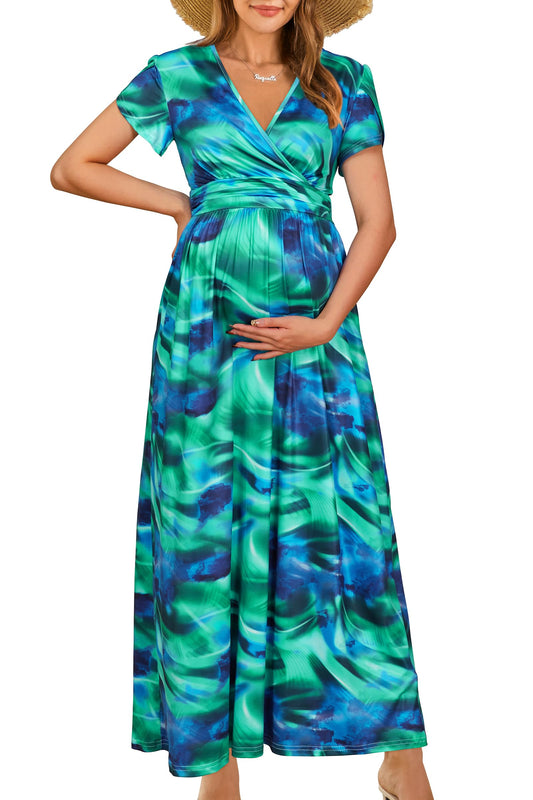 OUGES Maternity Maxi Dress Wrap V Neck Baby Shower Pregnancy Dresses for Photoshoot