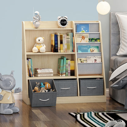 White Kids Bookshelf Wood Toy Storage Organizer Cabinet Children Bookcase Toddler Baby Sling Book Rack 3 Cube Bins Fabric Drawers for Playroom Bedroom Nursery School