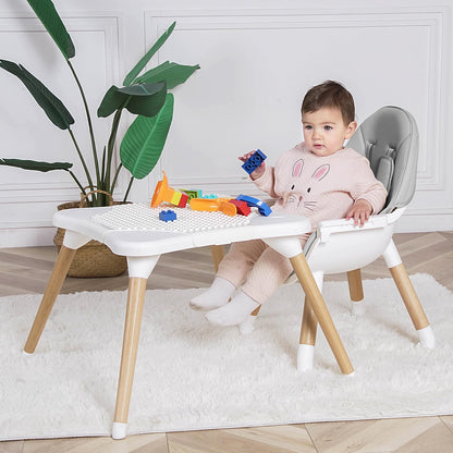 High Chair for Babies & Toddlers, Convertible Wooden 6 in 1 Baby Highchair, Table and Chair Set, Building Block Table, 5-Point Adjustable Seat Belts, 4-Position Removable Tray& PU Seat Cushion (Black)