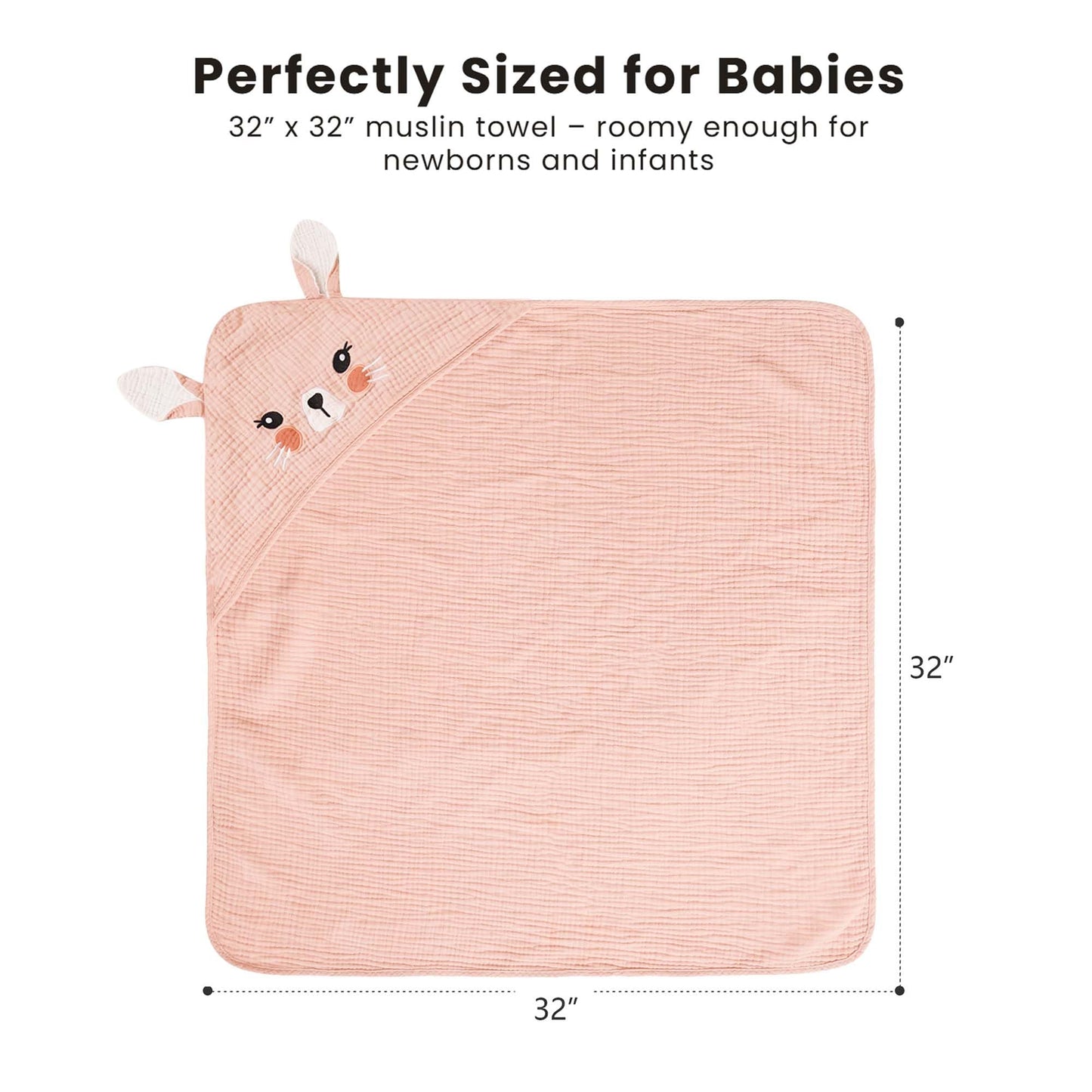 Konssy 2-Pack Muslin Baby Hooded Towels, Soft Cotton and Absorbent Baby Bath Towels for Newborn, Infant & Toddler with Animal Hooded Design (Bunny & Deer)