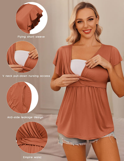 Ekouaer Maternity Shirts 3 Packs Flying Short Sleeve Nursing Tops Pregnancy Clothes