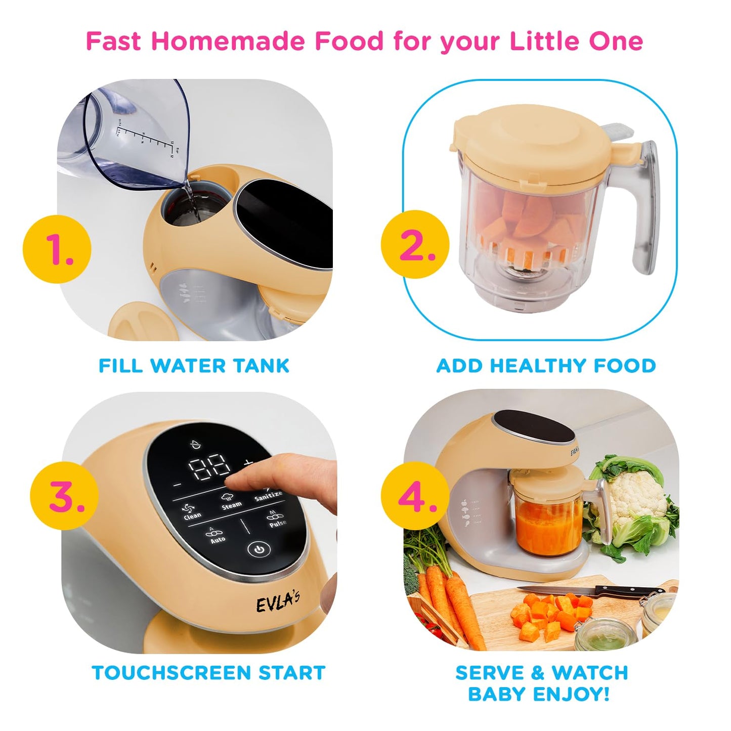 EVLA'S Baby Food Maker, Steamer, Blender, Baby Food Processor for Healthy Homemade Baby Food in Minutes, Touch Screen with 6 Reusable Food Pouches, Baby Registry Essential, White