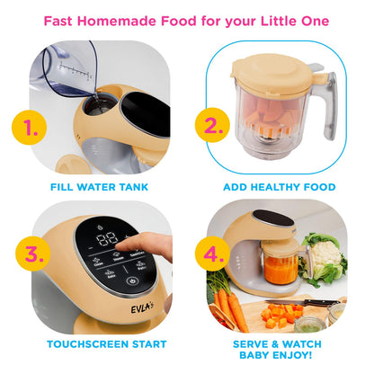 EVLA'S Baby Food Maker, Steamer, Blender, Baby Food Processor for Healthy Homemade Baby Food in Minutes, Touch Screen with 6 Reusable Food Pouches, Baby Registry Essential, White