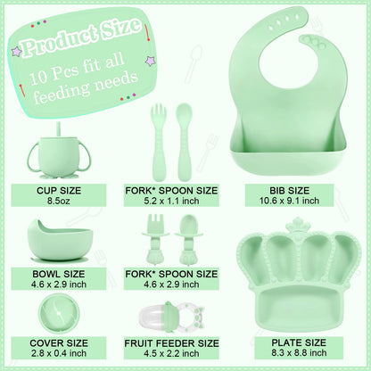 Silicone Baby Feeding Set 10 Pcs Baby Led Weaning Supplies Suction Bowl Divided Plate Baby Bibs Fruit Feeder Baby Spoons Forks Sippy Cup Toddler Utensil Sets Baby Essentials for Newborn Gift