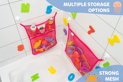 2 x Mesh Bath Toy Organizer + 8 Ultra Strong Hooks – The Perfect Bathtub Toy Holder & Bathroom or Shower Caddy – These Multi-use Net Bags Make Baby Bath Toy Storage Easy – For Kids & Toddlers