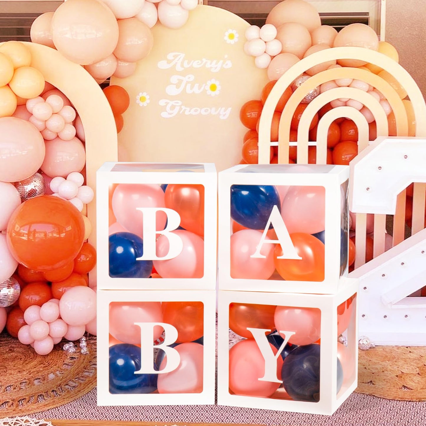 Baby Boxes with Letters for Baby Shower Decorations, Gender Reveal with 4 Pastel Balloon Boxes