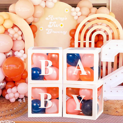 Baby Boxes with Letters for Baby Shower Decorations, Gender Reveal with 4 Pastel Balloon Boxes