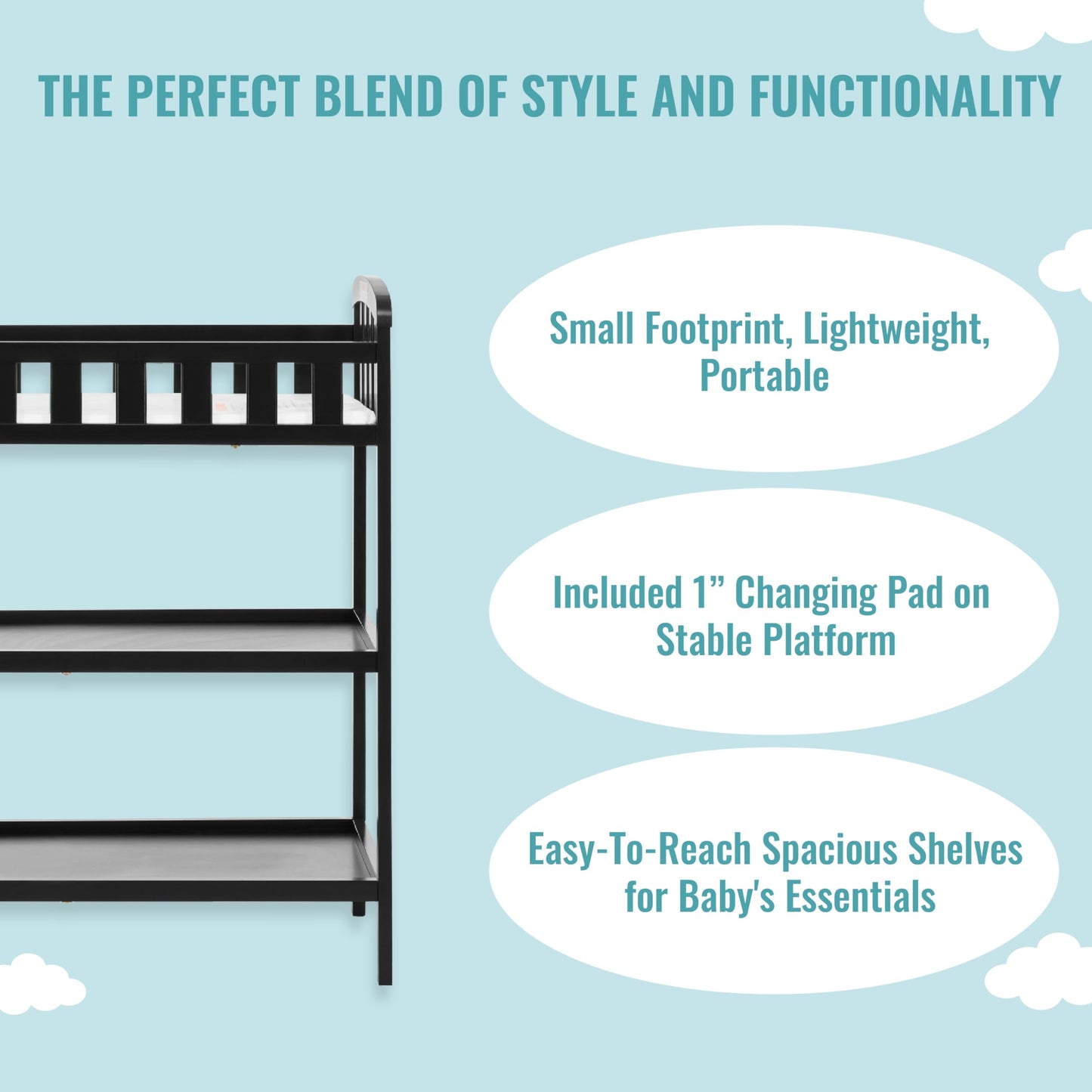 Dream On Me Emily Changing Table In Natural, Comes With 1" Changing Pad, Features Two Shelves, Portable Changing Station, Made Of Sustainable New Zealand Pinewood