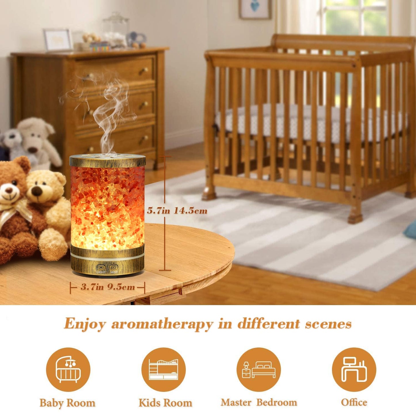 Essential Oil Diffuser Aromatherapy Diffuser - Himalayan Pink Salt Crystal Diffusers for Essential Oils with 7 Color Lights 2 Mist Mode, Reduce Noise Design for Baby Room, Yellow