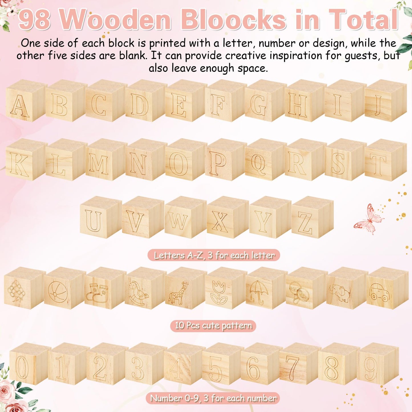 Marsui 136 Pcs Baby Shower Blocks to Decorate Game Kit Includes 98 Wooden Blocks, 36 Markers, 1 Game Sign, 1 Storage Box for Baby Shower Gender Reveal Activity Party Decorations(Pink Elephant)
