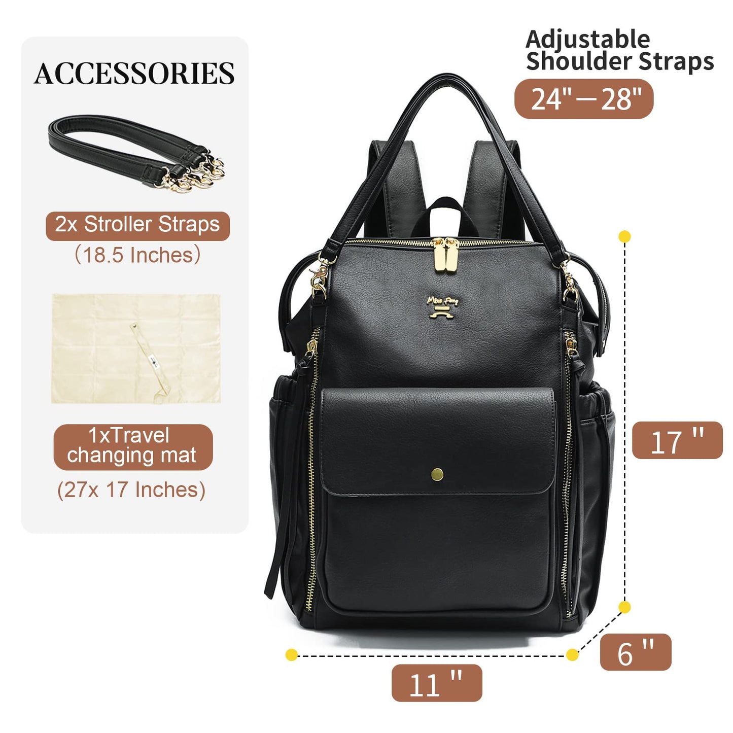 miss fong Diaper Bag Backpack Baby Diaper Bag for Girls and Boys, Leather Purse with 13 Pockets Diaper Bag Organizer,Changing Pad,Stroller Straps,4 Insulated Pockets