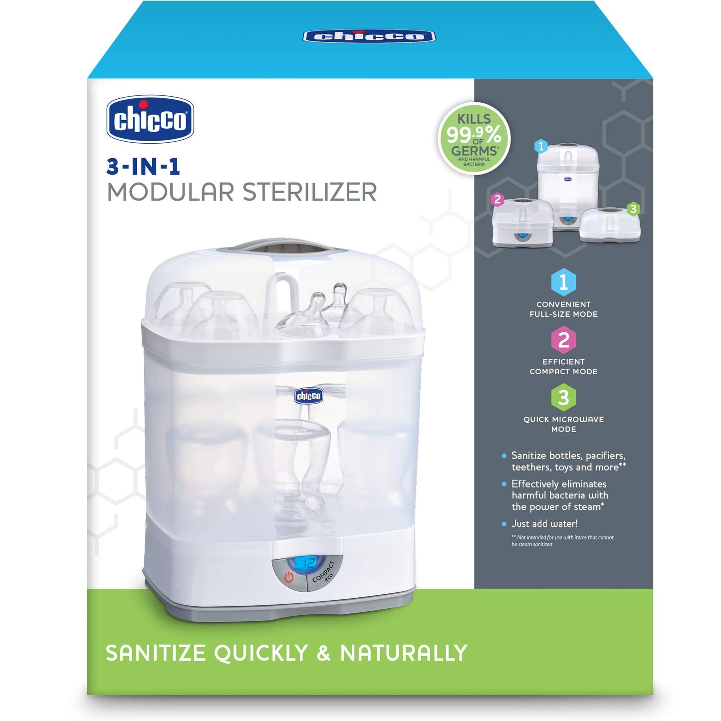 Chicco Advanced Electric Steam Sterilizer & Dryer for Baby Bottles, Feeding Accessories and More | Eliminates 99.9% of Germs | 4 Programming Options | 2 Configurations | Automatic Shut-Off