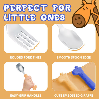 lohodo Toddler Utensils Kids Spoon and Fork Set 18/8 Stainless Steel Silverware BPA Free Pink & Purple Cute Giraffe Child Flatware with Travel Case for Age 3+
