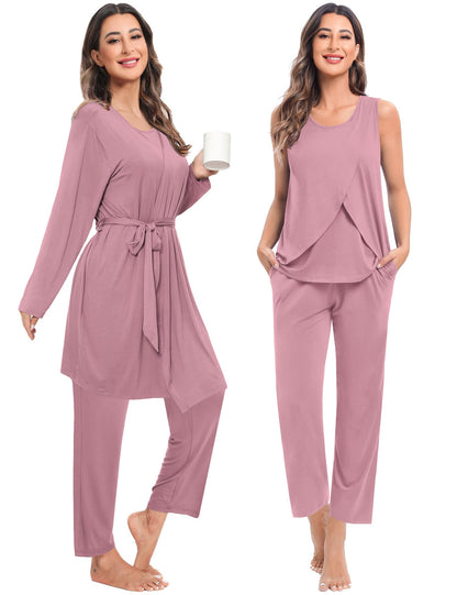 SWOMOG Maternity Nursing Robe Set 3 PCS Postpartum Breastfeeding Pajamas Hospital Pregnancy Pjs Double Layer Lounge Set
