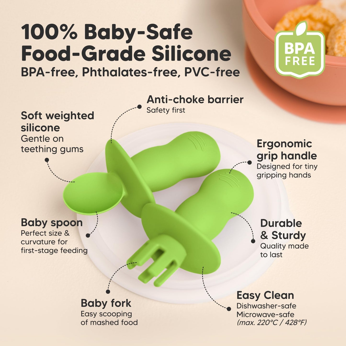 KeaBabies 4-Pack Silicone Baby Spoons and Forks Set - Baby Led Weaning Utensils 6-12 Months, Self Feeding Toddler Spoon & Fork for Training, Teething, Easy to Hold, BPA-Free Silicone (Roseate)