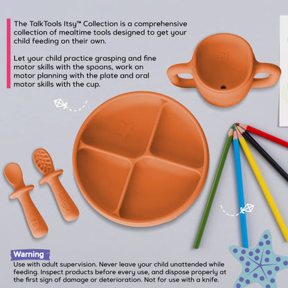 TalkTools ITSY Baby Utensil Set – Silicone Training Cup, Plate and Twin Spoon Pack for Toddlers| Infant First Food Self Feeding Silicone Training Set (Bubblegum)