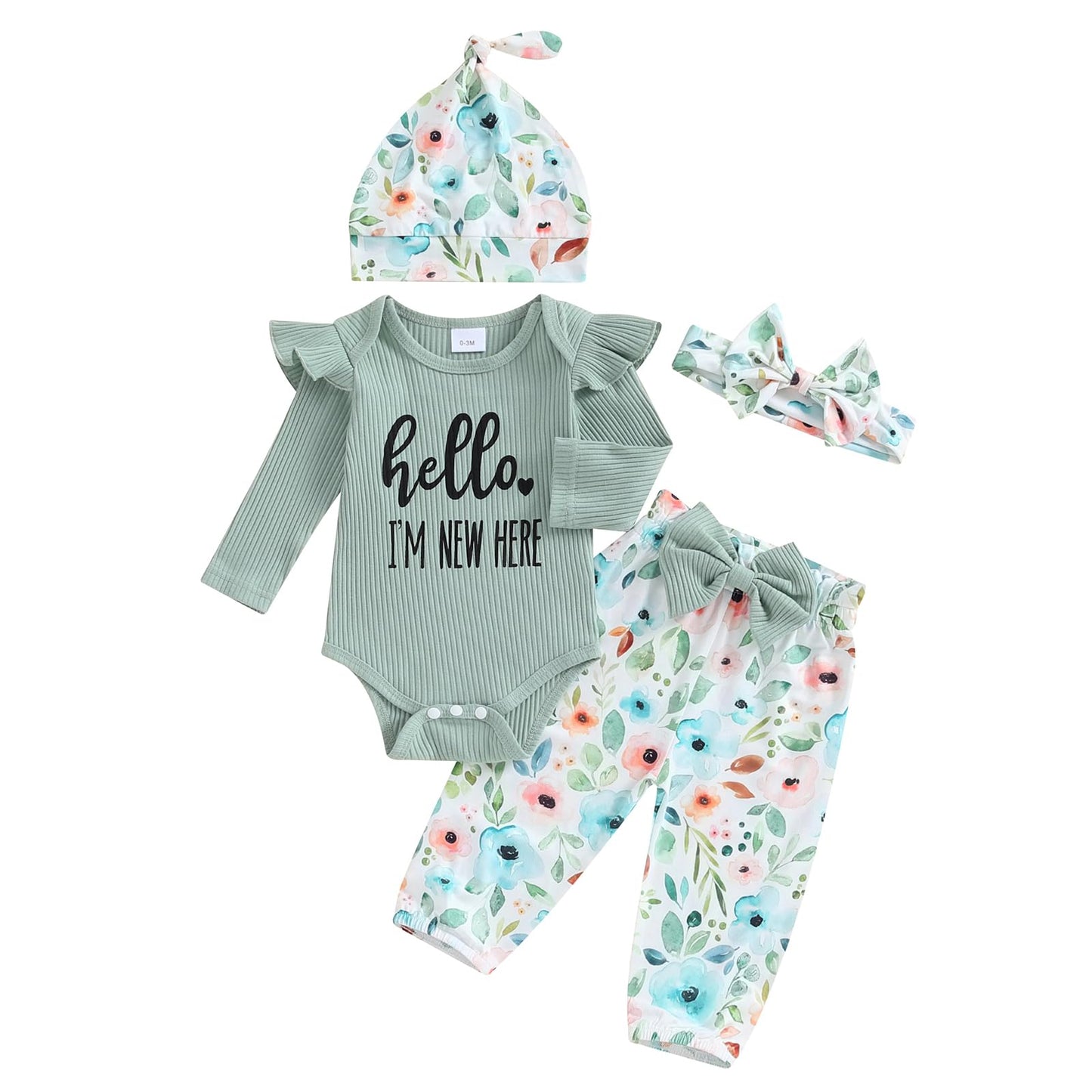Hello World Newborn Outfit Baby Girl Going Home Outfit Ruffle Ribbed Romper Top Floral Pants Set Cute Summer Clothes