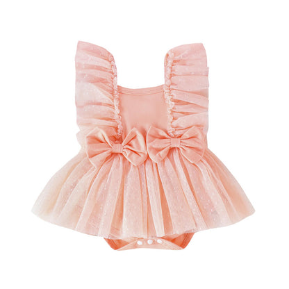 Hnyenmcko Newborn Baby Girl Summer Romper Dress Infant Fly Sleeve Flower Embroidery Mesh Tulle Skirt Hem Ribbed Bodysuit