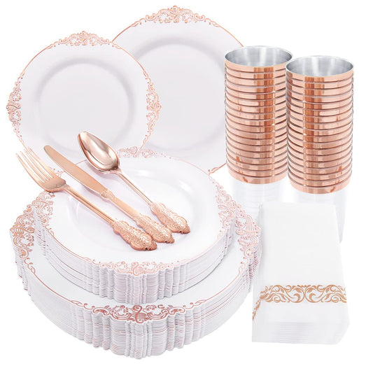 Morejoy 175PCS Rose Gold & Silver Plastic Dinnerware Set: 25 Plates, 25 Forks, 25 Knives, 25 Spoons, 25 Cups, 25 Napkins - Perfect for Wedding & Party