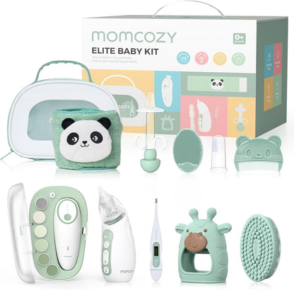 Momcozy Elite Baby Kit, Superior Baby Shower&Registry Essential Kit for Grooming & Health & Cleansing Care, Electric Nail File&Nasal Aspirator, Tummy Wrap, Thermometer, Bath Brush,Teether, Storage Bag