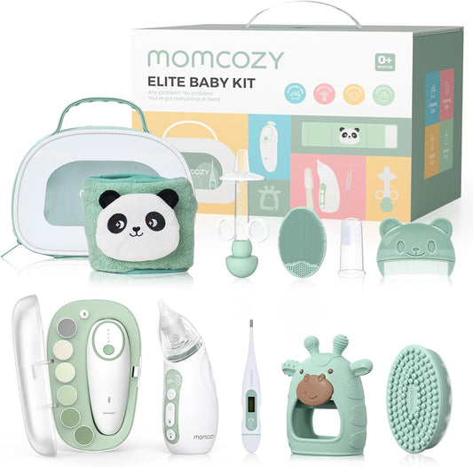 Momcozy Elite Baby Kit, Superior Baby Shower&Registry Essential Kit for Grooming & Health & Cleansing Care, Electric Nail File&Nasal Aspirator, Tummy Wrap, Thermometer, Bath Brush,Teether, Storage Bag