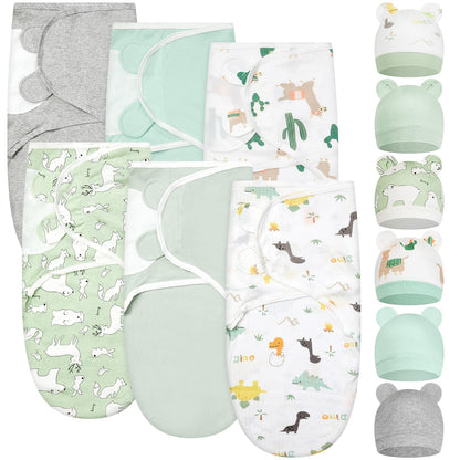 Ramede 6 Pack Baby Swaddle Blanket with Hats Sleep Swaddle for 0-3 Months Newborn Sacks Soft Cotton Wearable for Boy Girl
