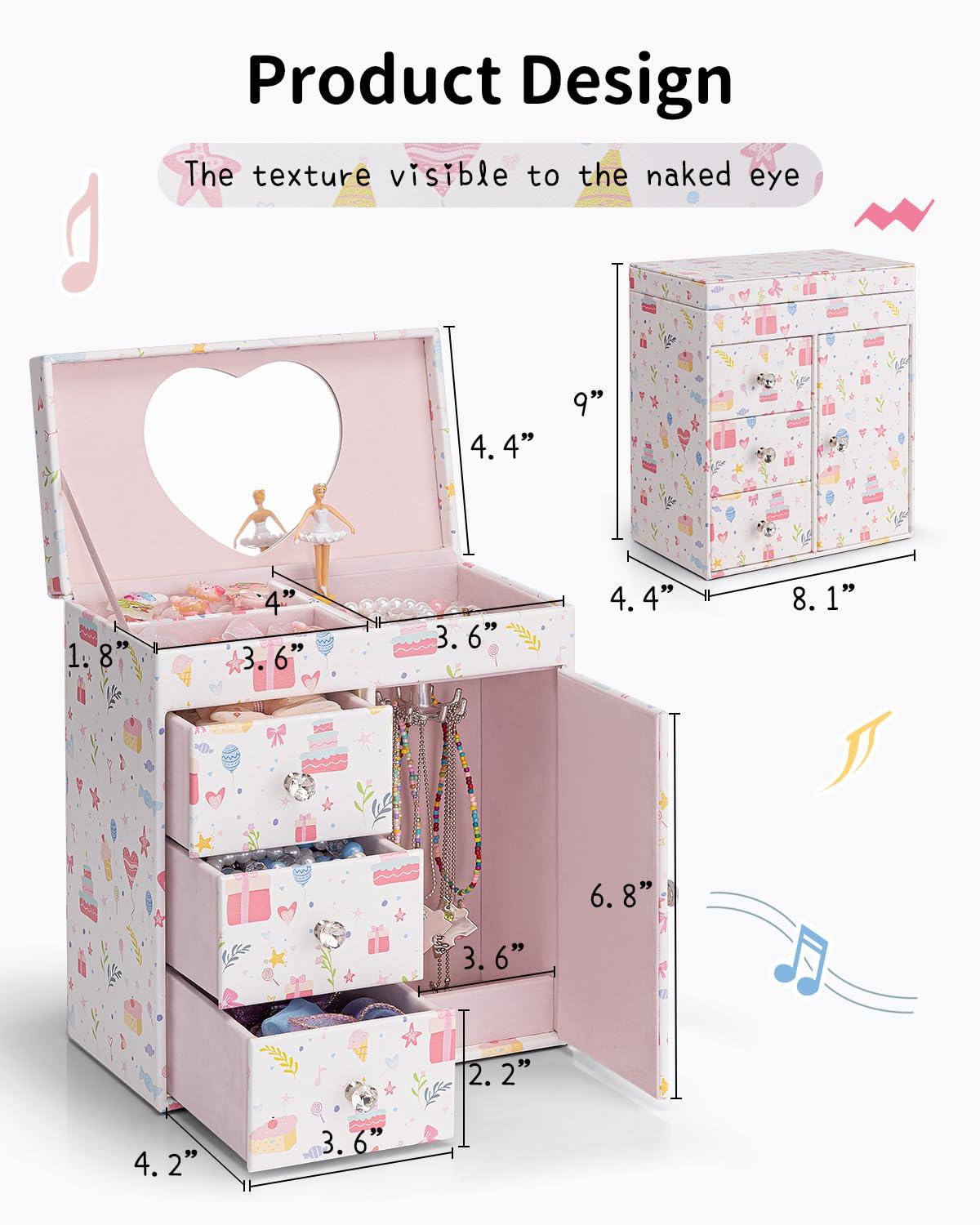 Vlando Musical Jewelry Box for Girls, Large Kid Music Box with Ballerina for Birthday Bedroom Decor, 4 Layer Girl Jewelry Gifts for Girls Kids - Light Pink