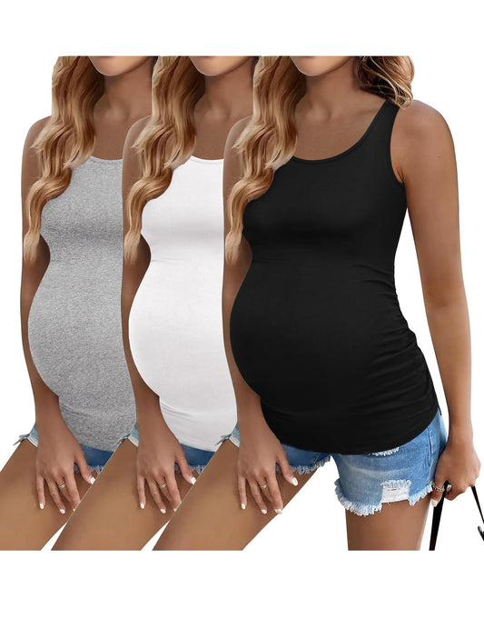 Ekouaer 3 Pack Women Maternity Tank Tops Ruch Side Basic Shirts Summer Postpartum Tops Sleeveless Pregnancy Workout Clothes