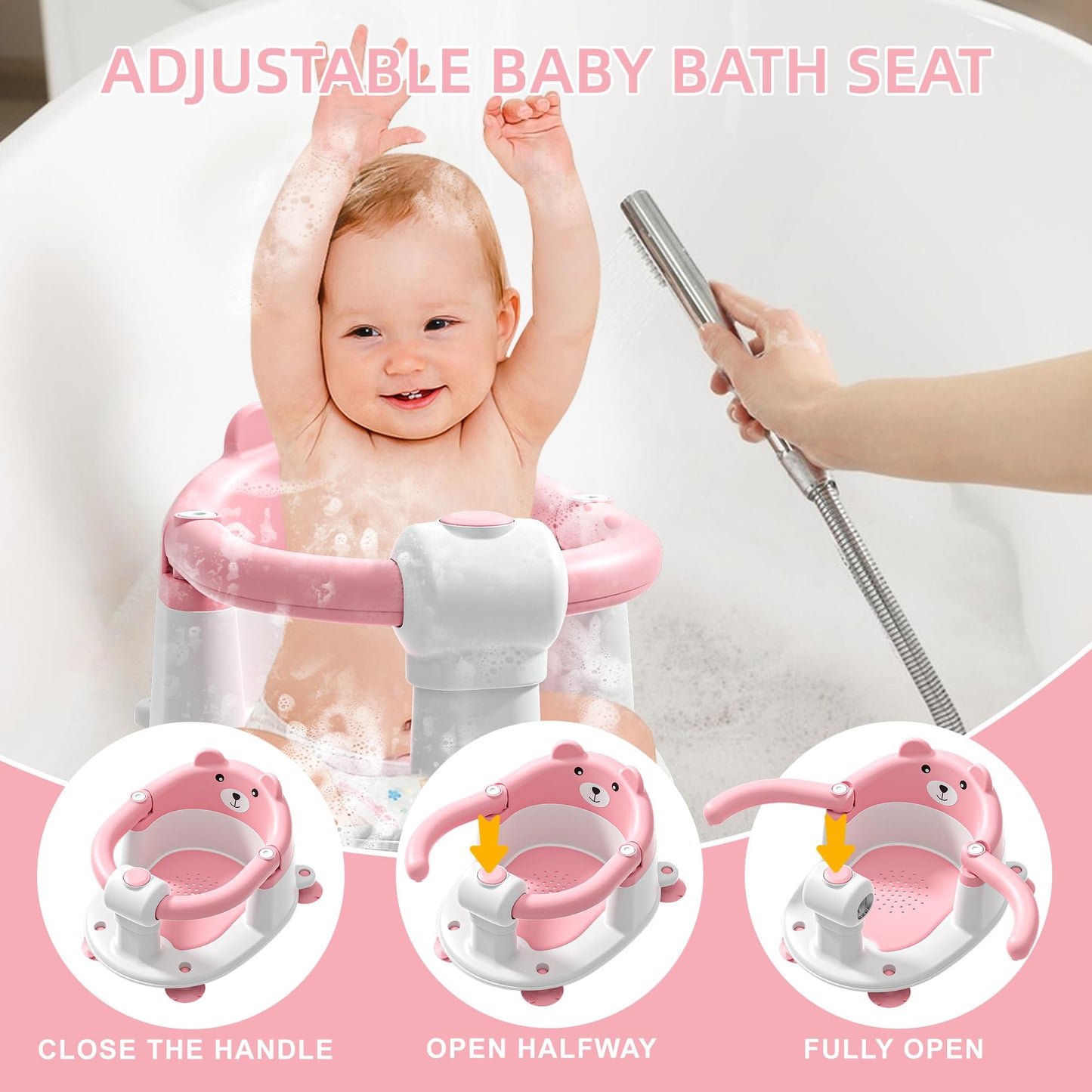 Baby Bath Seat for Babies 6 Months & Up, Toddler Bath Seats for Babies Sitting Up, Non-Slip Infant Bath Tub Chair with 4 Suction Cups & Soft Cushion for Shower, Compact Toddler Bathtub Seat, Pink