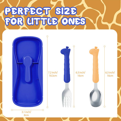 lohodo Toddler Utensils Kids Spoon and Fork Set 18/8 Stainless Steel Silverware BPA Free Pink & Purple Cute Giraffe Child Flatware with Travel Case for Age 3+