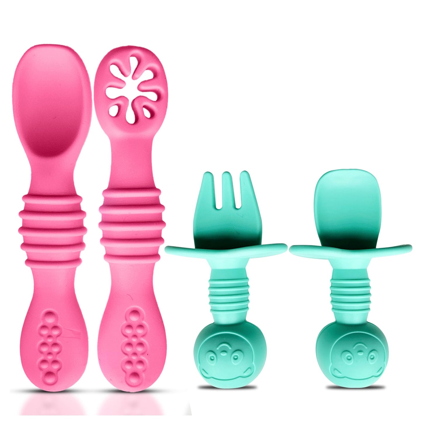 4pc Silicone Baby Spoons Self Feeding Baby Utensils 6-12 Months - 3 Baby Spoon - 1 Baby Fork - Toddler Cutlery Set - BPA Free, Dishwasher Safe, Baby Eating Essentials (Light pink/Army Green)