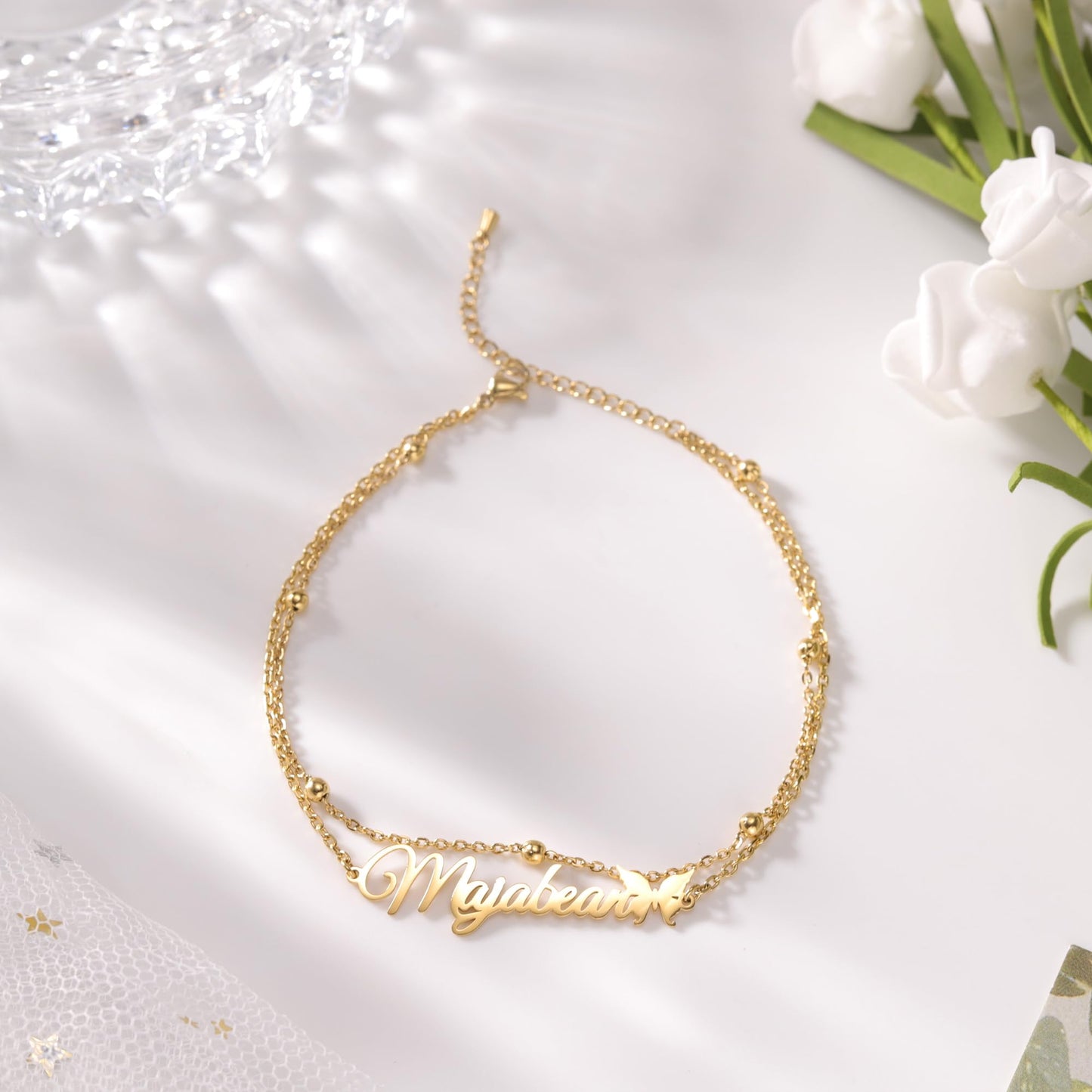 Custom Bracelet with Name 18K Gold Plated Personalized Name Ankle Bracelet Adjustable, Customized Beach Jewelry Gifts for Women Girlfriend