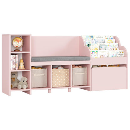 HOSTACK 67" Kids Reading Nook with Bench, Kids Bookshelf and Bookcase with Seat Cushion and 6 Storage Cubbies, Toy Storage Box on Wheels, Toy Chest for Playroom, Bedroom, School, White