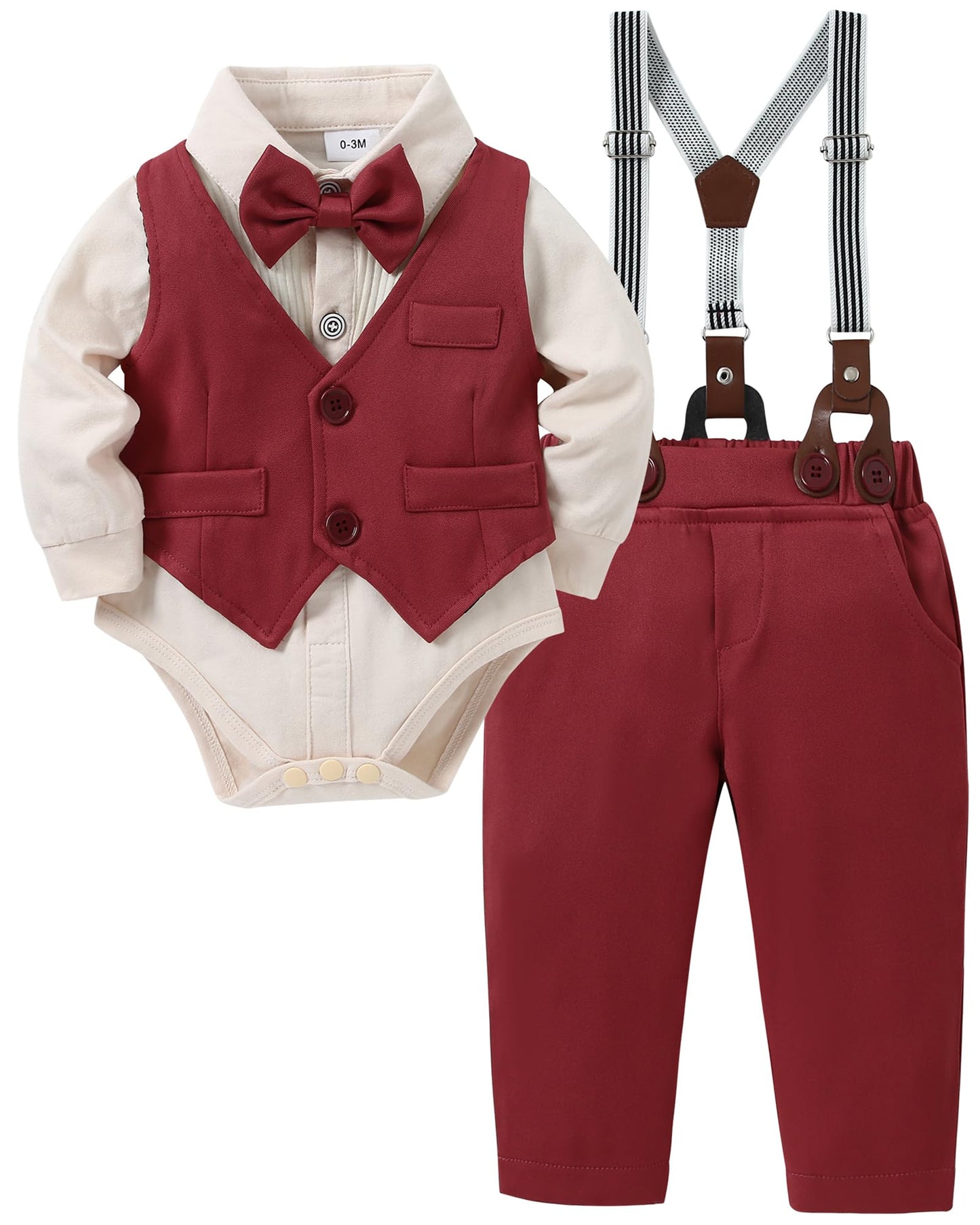 YUEMION Baby Boy Clothes Wedding Outfit Suits, 0-18 Months Infant Boy Gentleman Set, Dress Shirt+Vest+Suspender Pants+Bowtie