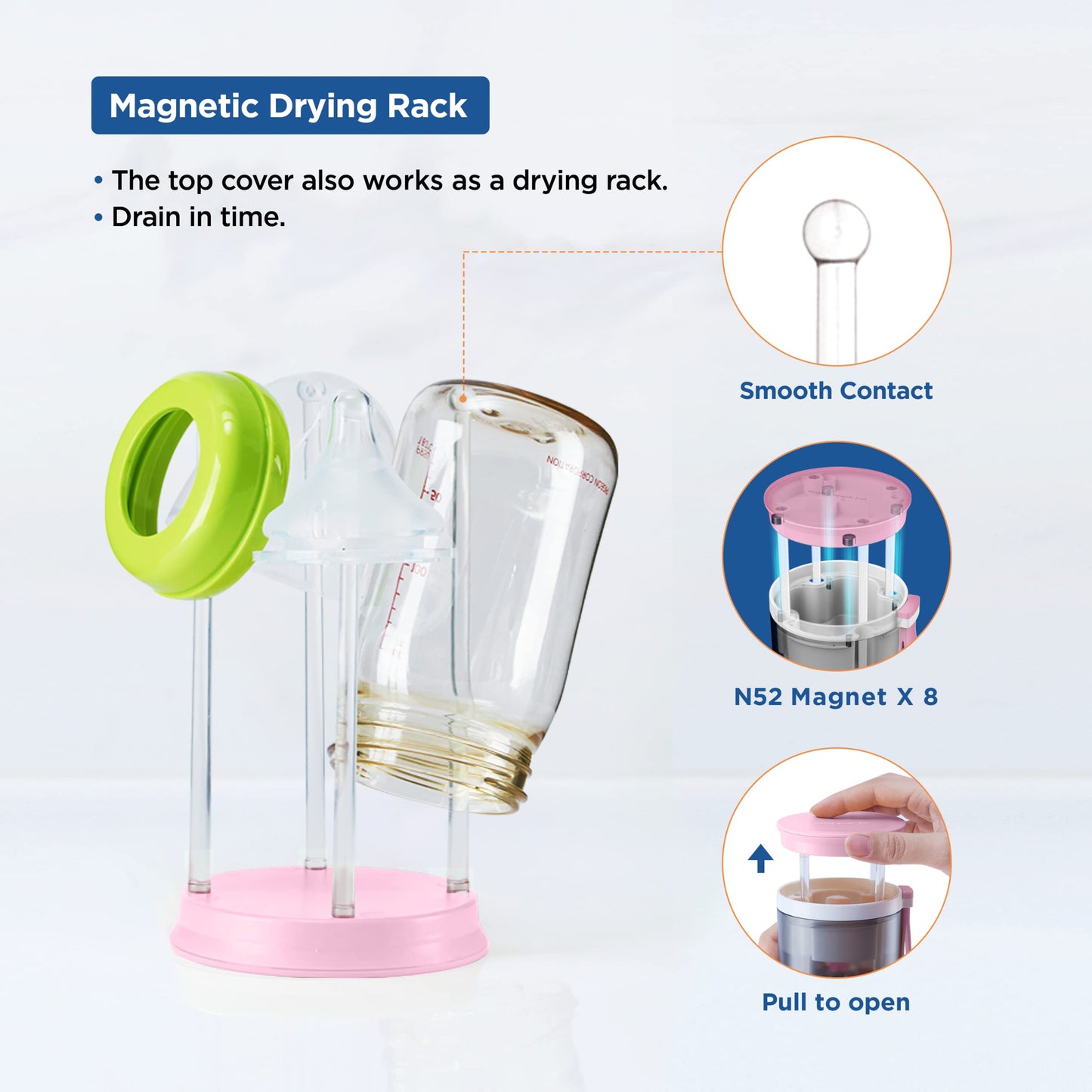 YOTIME Travel Baby Bottle Brush Set with Portable Silicone Bottle Brush, Nipple Cleaner Brush, Straw Brush, Soap Dispenser and Bottle Drying Rack, Pink